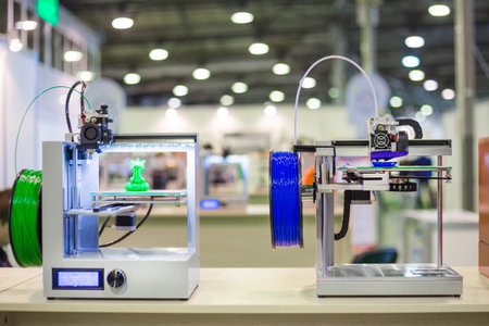 Automatic 3D printers during work at modern technology exhibition. 3D printing, additive...