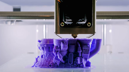 Print head of 3D printer machine printing plastic model at modern scifi technology exhibition. 3D...