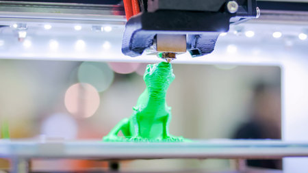 Close up shot - 3D printer prints physical 3D model of green toy lizard with plastic wire filament...