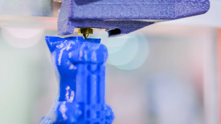 3D printer prints physical blue 3D model with plastic wire filament at modern technology exhibition....