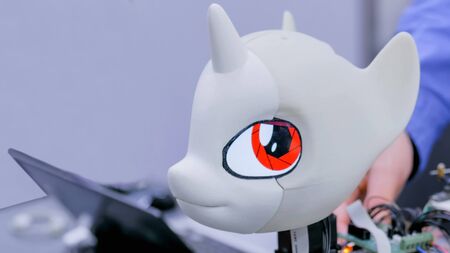 MOSCOW, RUSSIA - OCTOBER 12, 2018: Science Festival - cute handmade robot unicorn pony prototype at futuristic exhibition. Future, entertainment, DIY and robotic conceptのeditorial素材