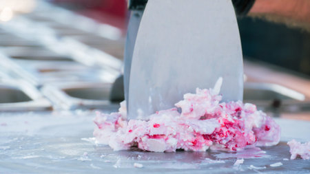 Chef cooking handmade natural asian stir-fried ice cream at freeze pan. Outdoor cooking, gastronomy and street food festival conceptの写真素材