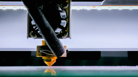 Three dimensional printer during work at 3d science technology exhibition. 3D printing, additive technologies, engineering and prototyping industry conceptの写真素材