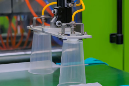 Moving polypropylene cups on conveyor belt of automatic plastic injection molding machine with...