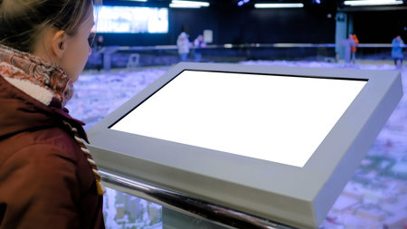 White screen, mockup, science, copyspace, template, isolated, technology concept. Woman looking at...