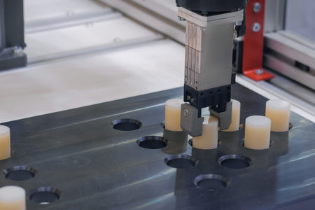 Pick and place robotic clamp arm manipulator moves and lifts objects at modern robot exhibition,...
