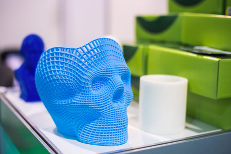 Plastic model of abstract blue human skull at modern technology exhibition. 3D printing, additive...
