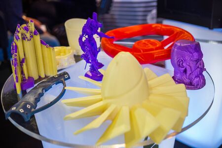 MOSCOW, RUSSIA - OCTOBER 12, 2018: 3D Print Expo - plastic models at modern technology exhibition. 3D printing, additive technologies and futuristic conceptのeditorial素材