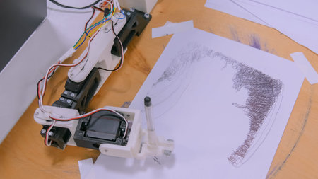 Robotic arm with black pen drawing portrait at robot exhibition. Technology and art concept