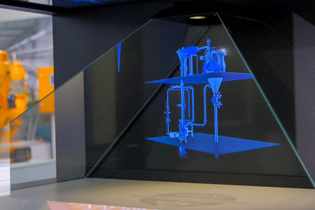 MOSCOW, RUSSIA - JUNE 01, 2019 - Animal Feed Expo. 3D led holo fan advertising projector device...