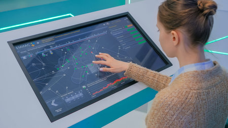 MOSCOW, RUSSIA - JUNE 05, 2019: Smart Expo. Woman using touchscreen display of electronic multimedia...