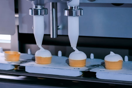Automatic filling machine on ice-cream dairy factory - conveyor belt with icecream cones....