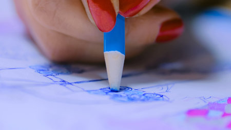 Close up shot - hands of professional tailor, designer drawing fashion sketch at atelier, studio....