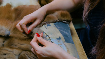 Professional tailor, designer repairing fur coat at atelier, studio. Fashion and tailoring concept