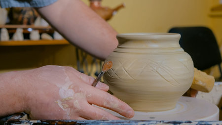 Professional male potter shaping pot with special tool in pottery workshop, studio. Crafting,...