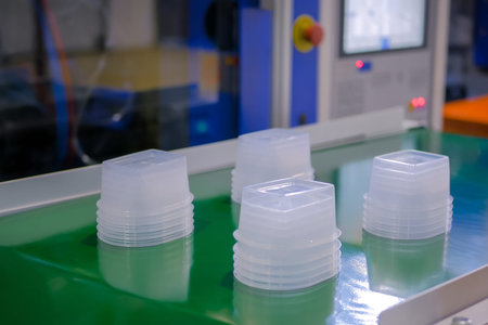 Stack of polypropylene food containers on conveyor belt of automatic plastic injection molding...