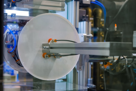 Plastic injection molding machine: automatic robotic arm manipulator with suction cups moves...