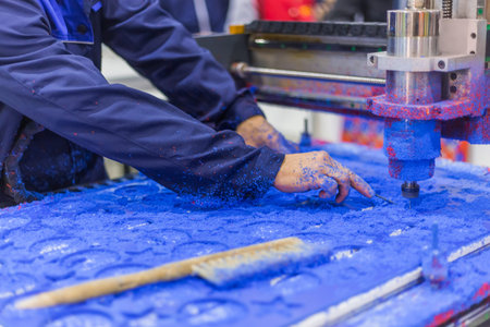 Close up view - mechanic working with milling machine. Process of cutting blue plastic sheet...