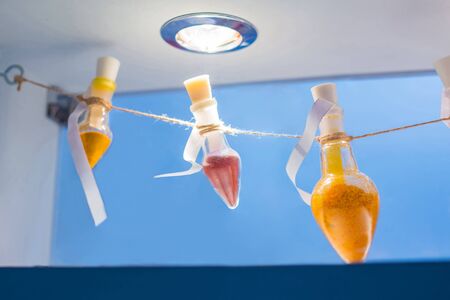 Medical glass bottles decor at pharmaceutical exhibition, pharmacy laboratory. Pharma industry, science, chemistry, medicine, experiment and healthcare conceptの写真素材