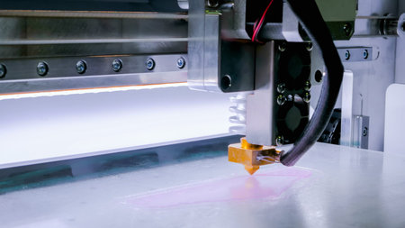 Print head of 3D printer machine printing plastic model at modern scifi technology exhibition. 3D...