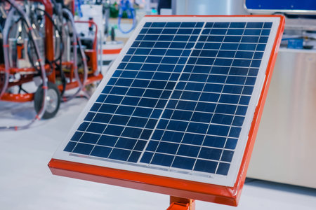 Automatic portable photovoltaic solar panel working at modern technology exhibition. Solar tracking...