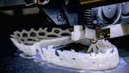 3D printer prints physical 3D model with plastic wire filament at modern technology exhibition....
