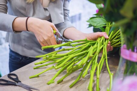 Professional floral artist, florist cutting flower stems at flower shop, workshop. Floristry, handmade and small business conceptの写真素材