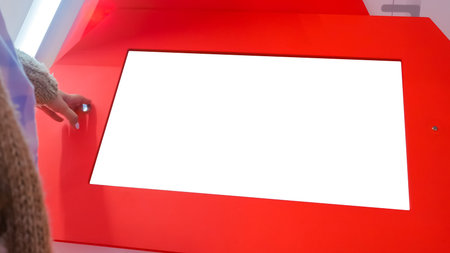 White screen, mock up, science, copyspace, template, isolated, technology concept. Woman looking at...