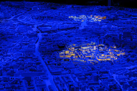 MOSCOW, RUSSIA - March 1, 2019: Interactive 3D city model of Moscow with dynamic illumination. Technology, architecture and urbanization conceptのeditorial素材