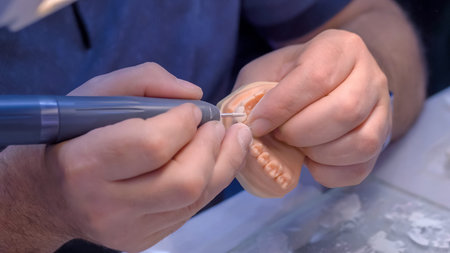 Professional dental technician or dentist holding motor handpiece tool and working with dental...