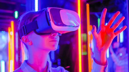 Close up: woman using virtual reality headset and moving hand at interactive technology exhibition...