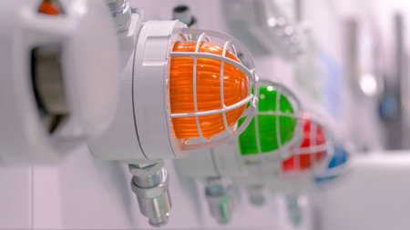 Close up of alarm lamp signal warning flashing lights for industrial machinery at emergency, support...