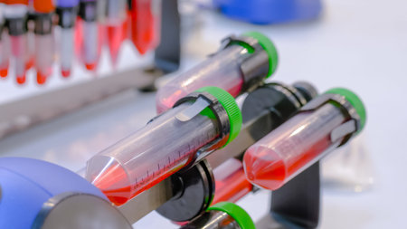 Digital tube rotisserie rotator for effective mixing biological samples on table at pharmacy...