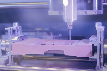 Automated milling machine cutting wooden workpiece from wood pulp, making 3d model at technology...