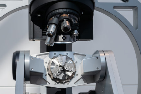 Industrial microscope for metalworking machine at plant, factory. Quality control, examination, equipment, technology, manufacturing and production conceptの写真素材