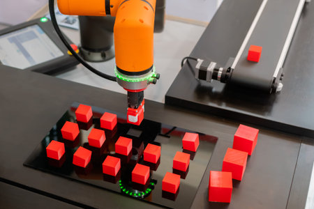 Pick and place robotic clamp arm manipulator moving red toy blocks at modern robot exhibition, trade...