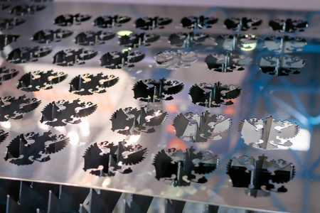 MOSCOW, RUSSIA - JANUARY 5, 2020: Metalworking Exhibition. Metal sheet surface with holes in form of...