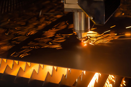 Automatic cnc laser cutting machine working with sheet metal with sparks at factory, plant....