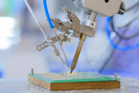 Process of selective soldering components to printed circuit board in demo mode at exhibition - close up view. Automated technology, industrial, electronic, production, manufacturing conceptの写真素材