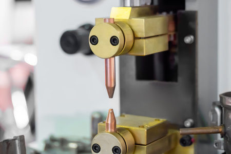 Copper electrodes of spot welding machine at factory, plant - close up. Metalworking, industrial,...