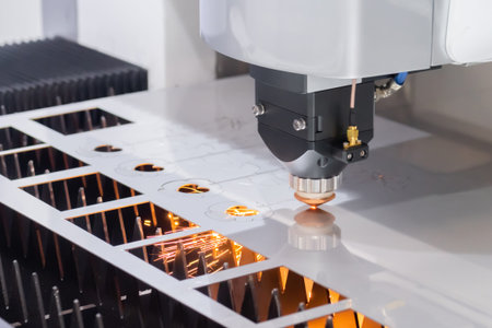 Laser cutting machine working with sheet metal with sparks at factory, plant. Metalworking,...