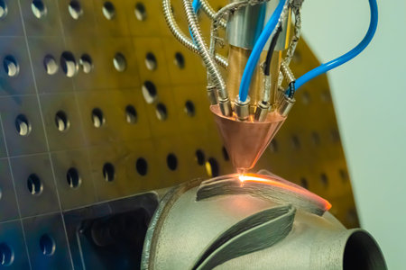 Metalworking, robotic, industrial concept. Direct metal deposition - advanced additive laser melting...