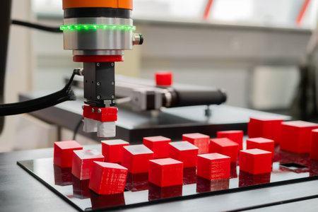 Pick and place robotic clamp arm manipulator moving red toy blocks at modern robot trade show,...