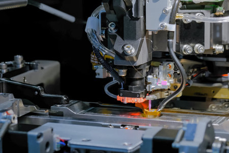 Automatic desktop wire bonder machine working in demonstration mode at laboratory, exhibition or trade show - close up. Automated technology, industrial, electronic, production, manufacturing conceptの写真素材