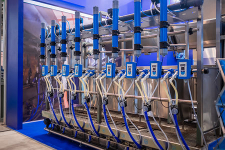 Automated goat milking suction machine with teat cups at cattle dairy farm, exhibition, trade show. Farming, automated technology equipment, agriculture industry, animal husbandry conceptの写真素材