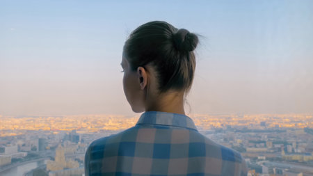 Back view of pensive woman looking at cityscape through window of skyscraper.の写真素材