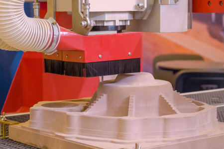 Automated milling machine cutting wooden workpiece from wood pulpの写真素材