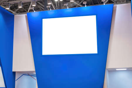 Multimedia blank large white interactive wall display at modern technology exhibition, conference, trade show. Mock up, corporate, business, white screen, copyspace, template, education conceptの写真素材