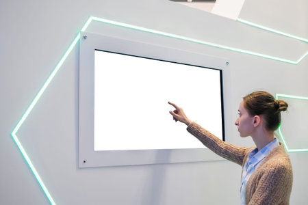 White screen, mock up, future, copyspace, template, technology concept. Woman touching blank digital...