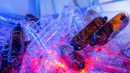 Used plastic bottle contemporary art eco installation with dynamic blue and red illumination at recycling exhibition. Environmental protection, zero waste, ecology, symbol conceptの写真素材